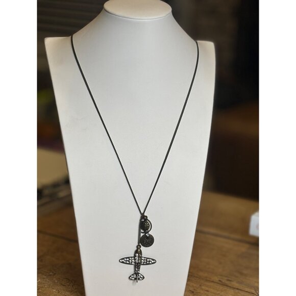 Vintage-Inspired Airplane Pendant Necklace With Globe & Compass Charms Rhineston - Picture 3 of 7